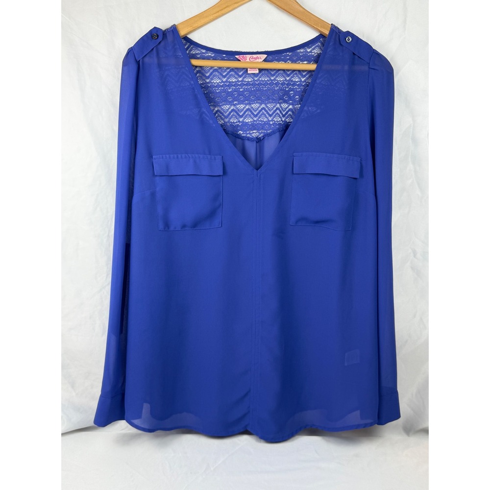 Candies‎ XL Royal Blue Lace Back V-Neck Chiffon Blouse Long Sleeve Pockets